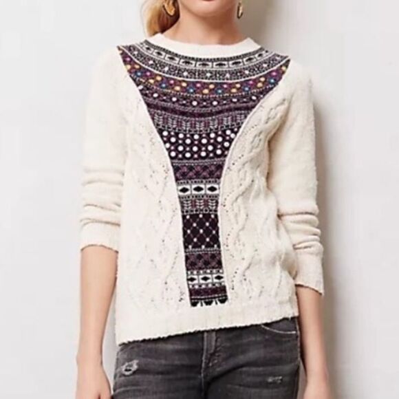 Anthropologie Sweaters - Anthropologie Angel of the North Algarve Nordic Folk Cable Knit Sweater Size M